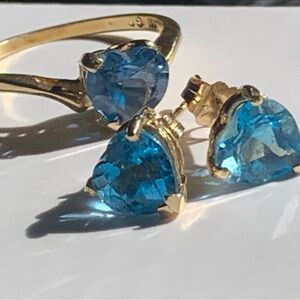 14kt Gold Heart Blue Topaz Ring and Stud Earrings Set. So pretty 😍